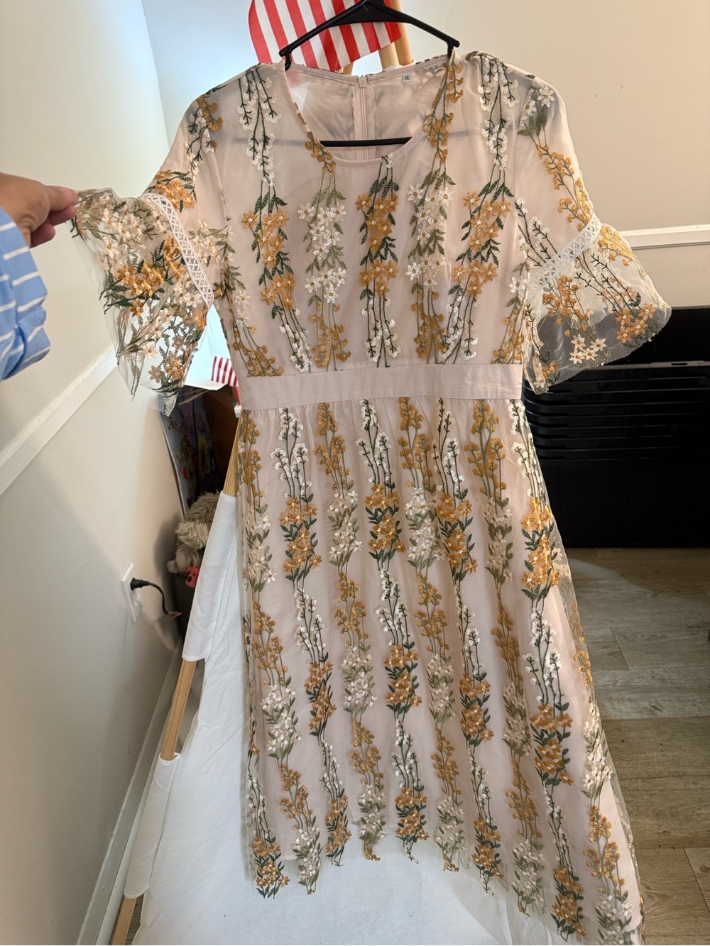 Embroidered Cream Midi Dress with Gold Floral Detail
